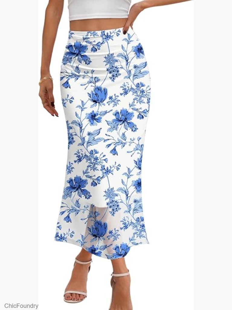 Floral Mesh Midi Skirt High Waist Ruched Bodycon Summer Casual